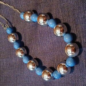 Giant blue and silver color statement necklace 20 inches